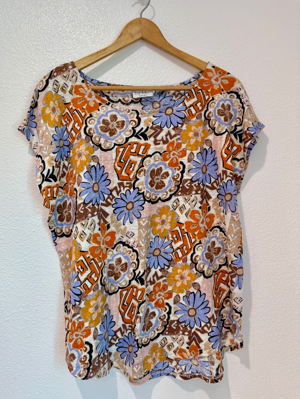 Nicole Miller Linen Knit Tee Abstract Floral Orange Purple Boho Blouse M